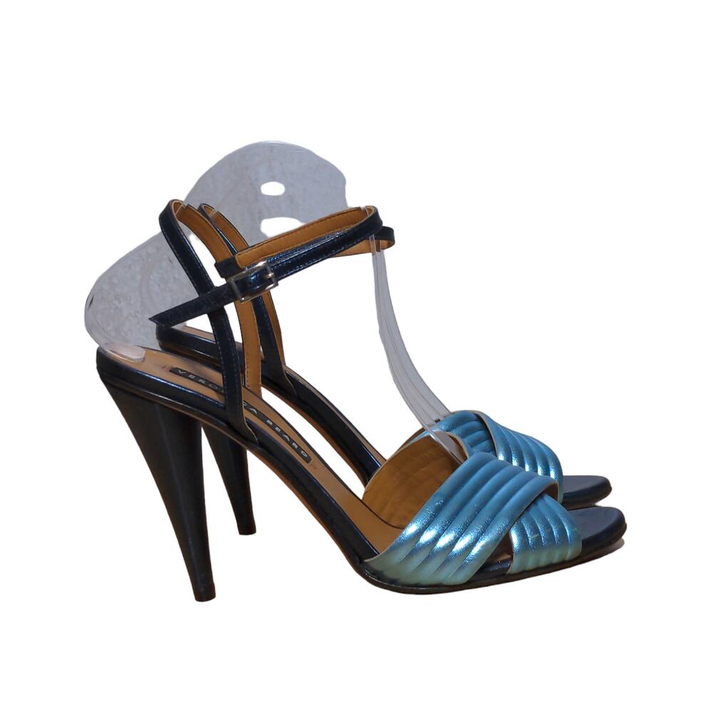 Veronica Beard Olympia Quarter Strap Sandals Heels Blue Leather Ankle 41